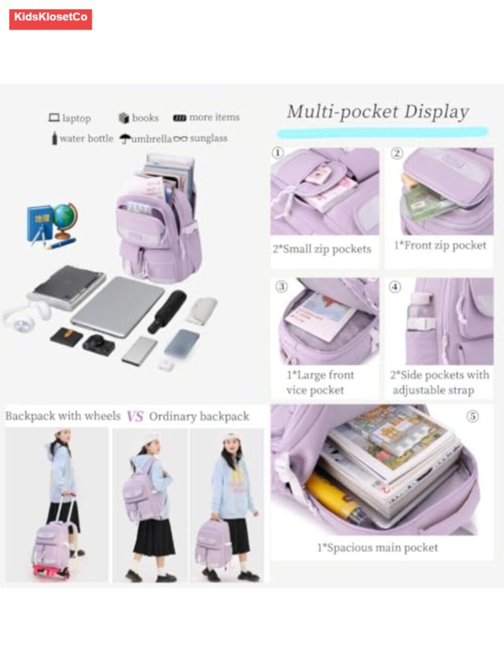 Kids Rolling Backpack with Wheels Trolley Bag for School Boys Girls, Nylon - Picture 3 of 5